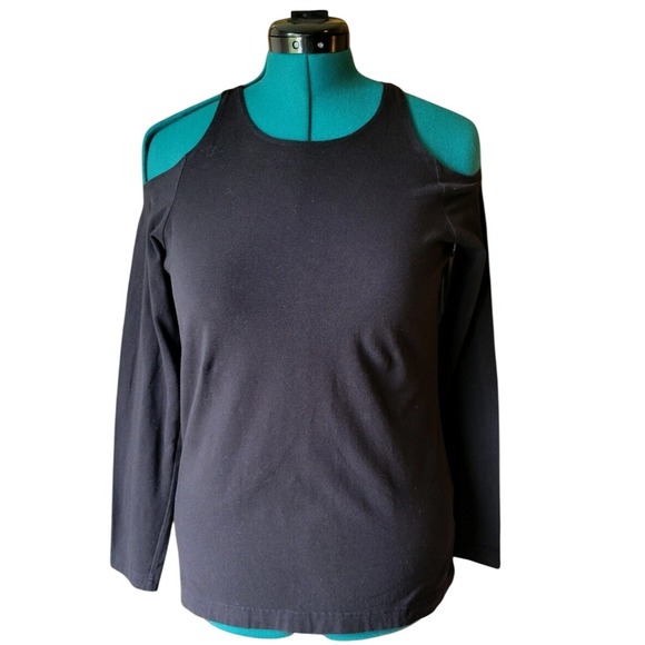 Joan Vass Tops - Joan Vass Cold Shoulder Top Women 1/S Black Cotton Spandex Long Sleeve Crew Neck